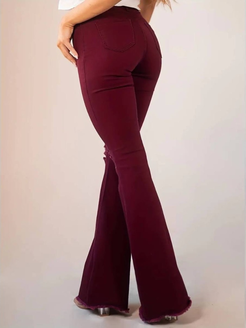 Burgundy Distressed Bell Bottom Jeans – Stretch Mid Rise Flare Pants Y2K 70s